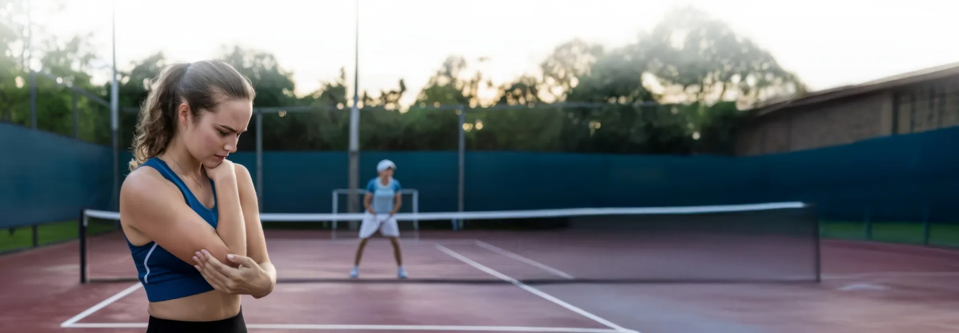 tennis player holding painful elbow